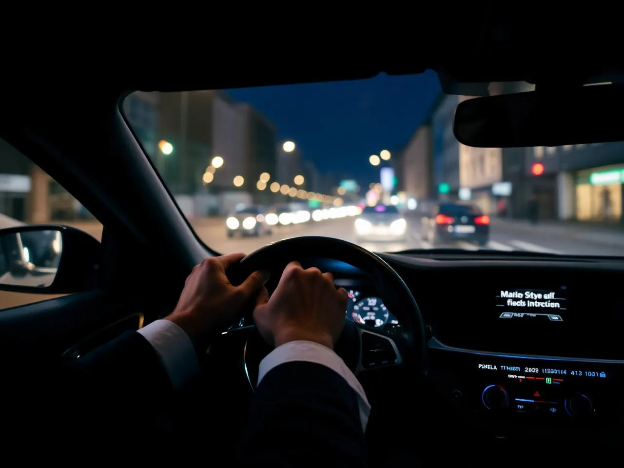 Driver hands on steering wheel at night in London